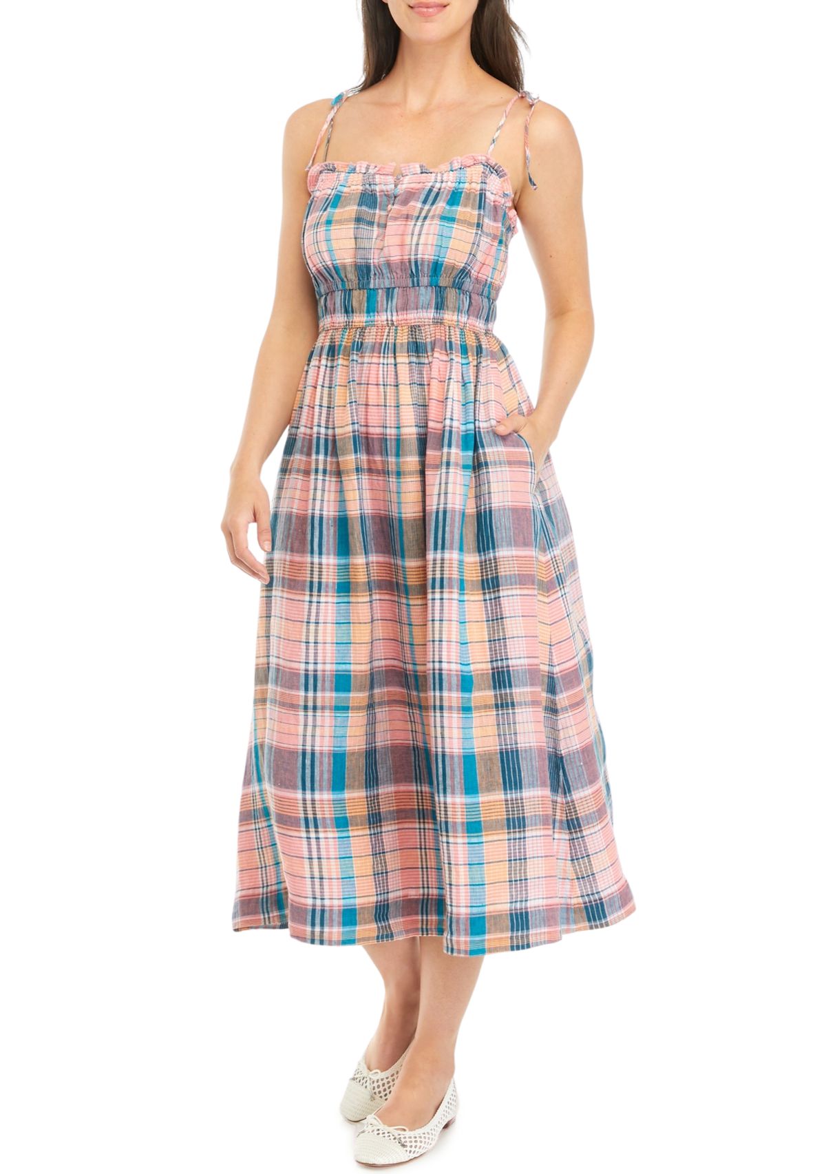 Womens Strappy Linen Midi Dress