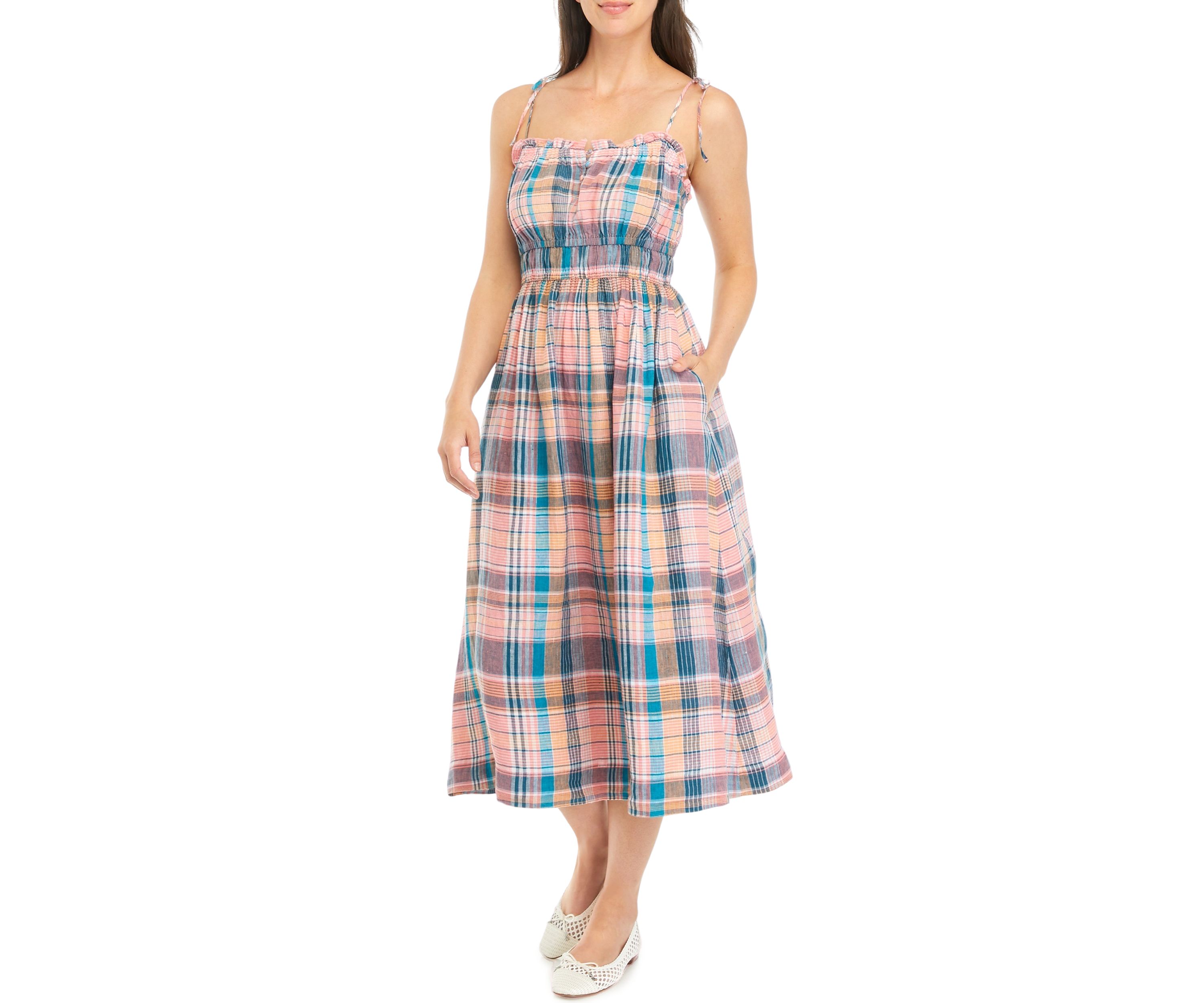 Womens Strappy Linen Midi Dress