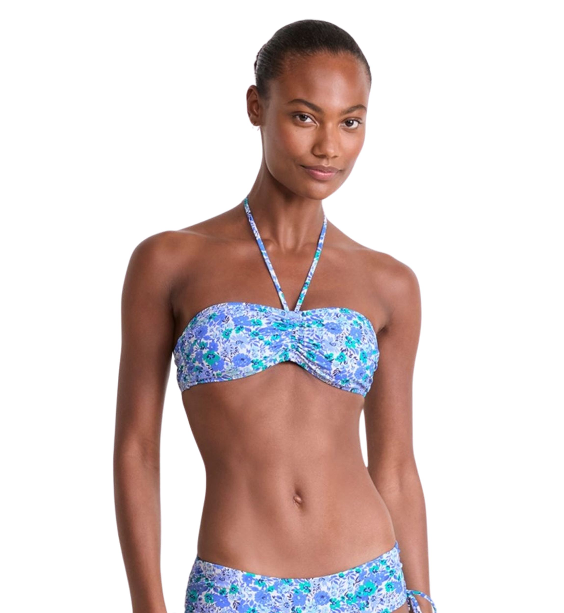 Womens Floral Print Ruched Bandeau Swim Top