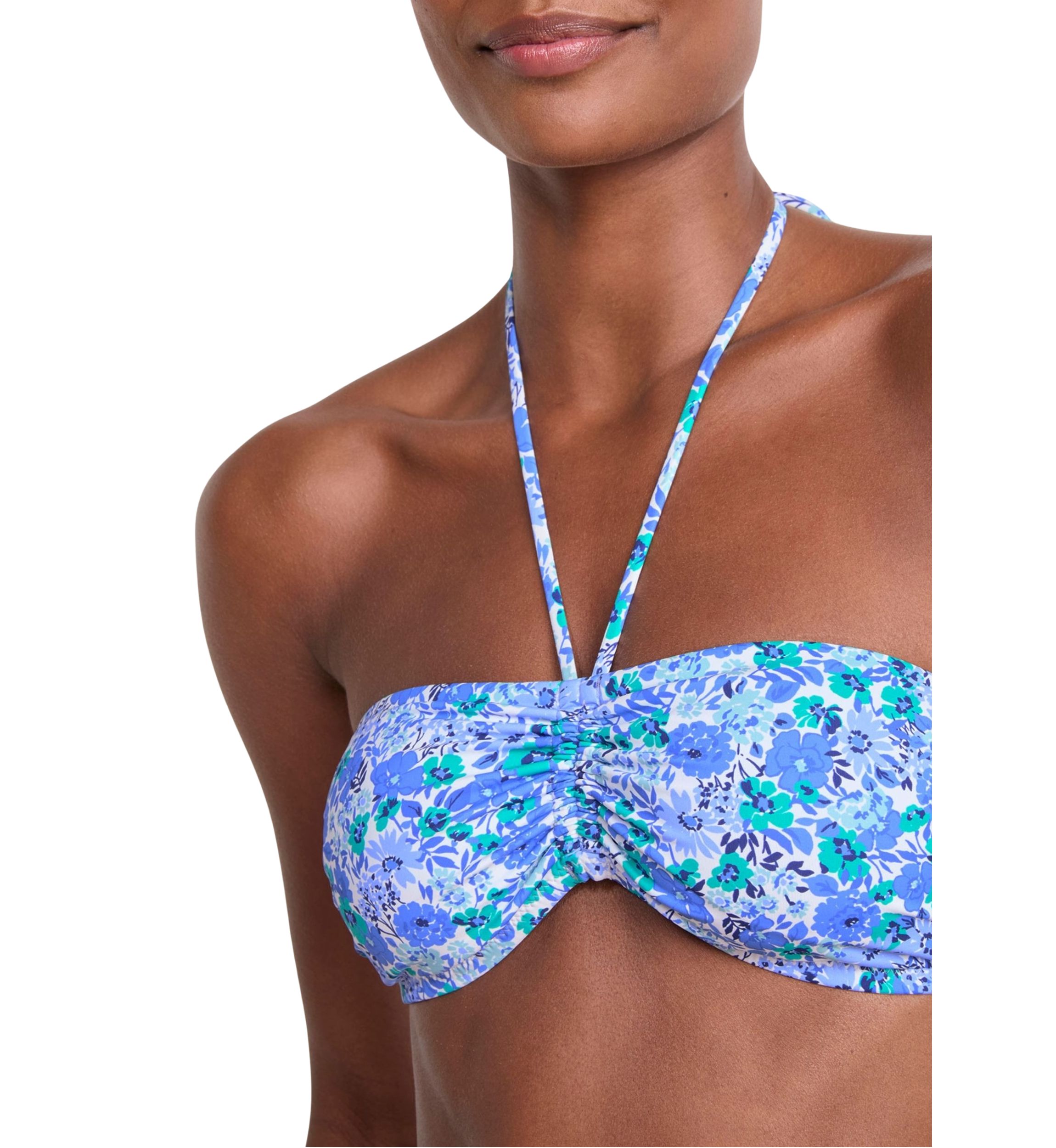 Womens Floral Print Ruched Bandeau Swim Top