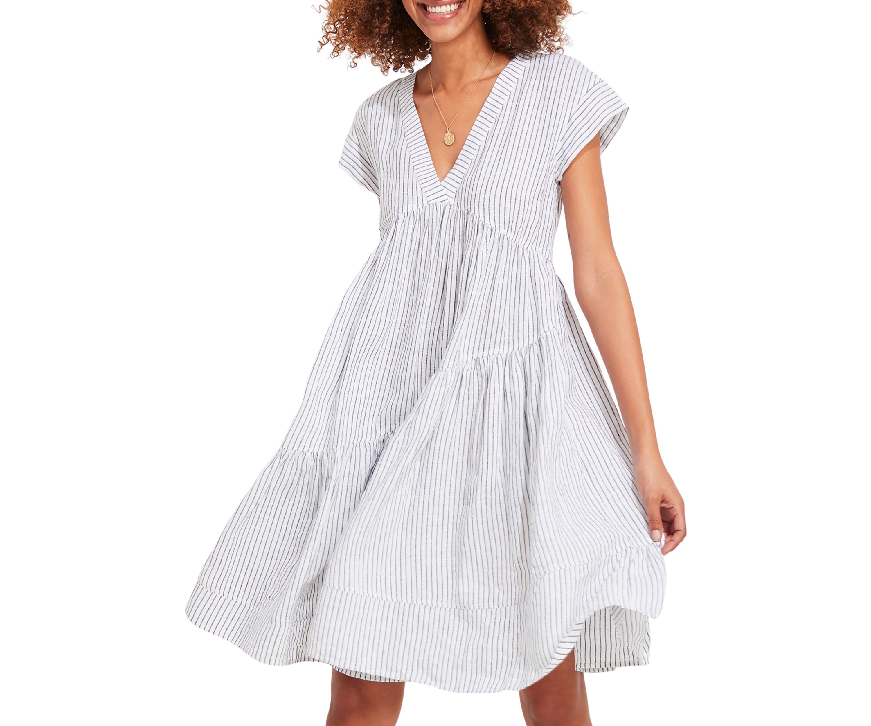 Womens Jet Stripe Tiered Linen Dress
