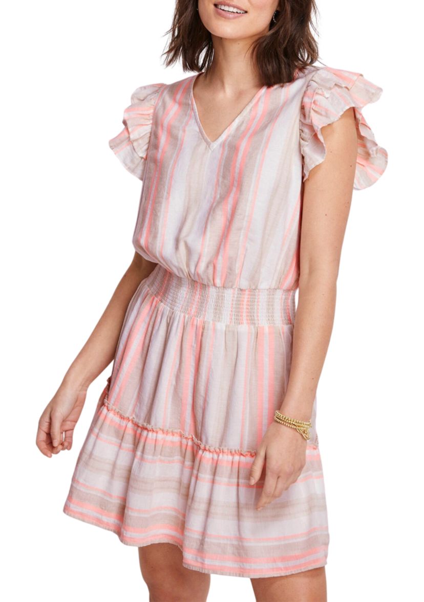 Womens Striped V-Neck Smocked Dress