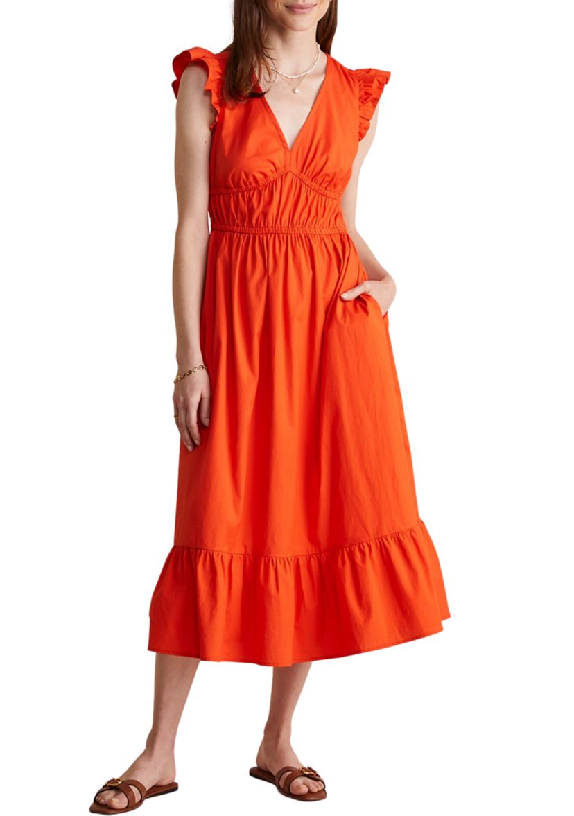 Poplin Flutter Sleeve Midi Dress