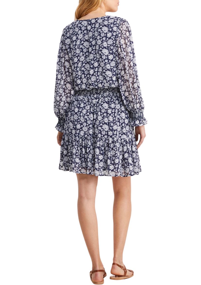Womens Georgette Smocked Wrap Dress