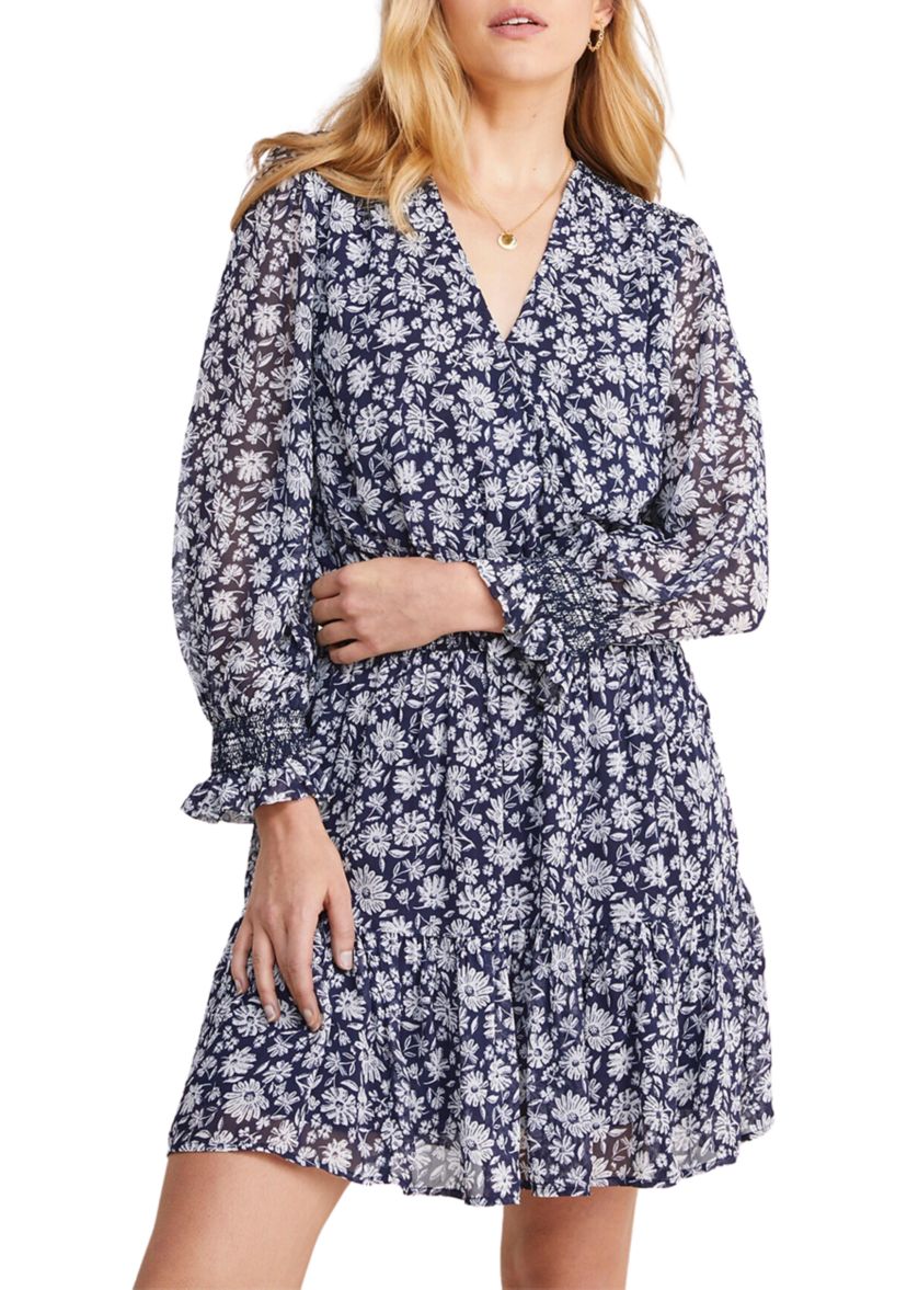 Womens Georgette Smocked Wrap Dress