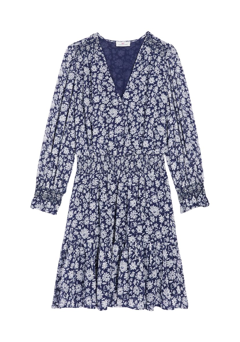 Womens Georgette Smocked Wrap Dress