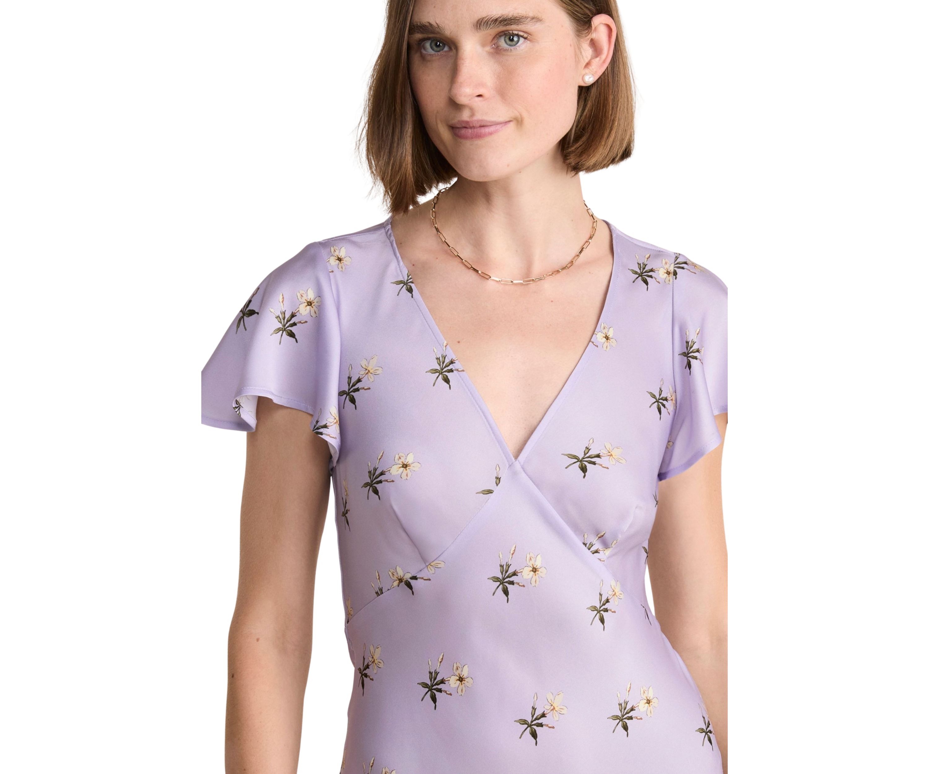 Womens Floral Printed Satin Midi Dress