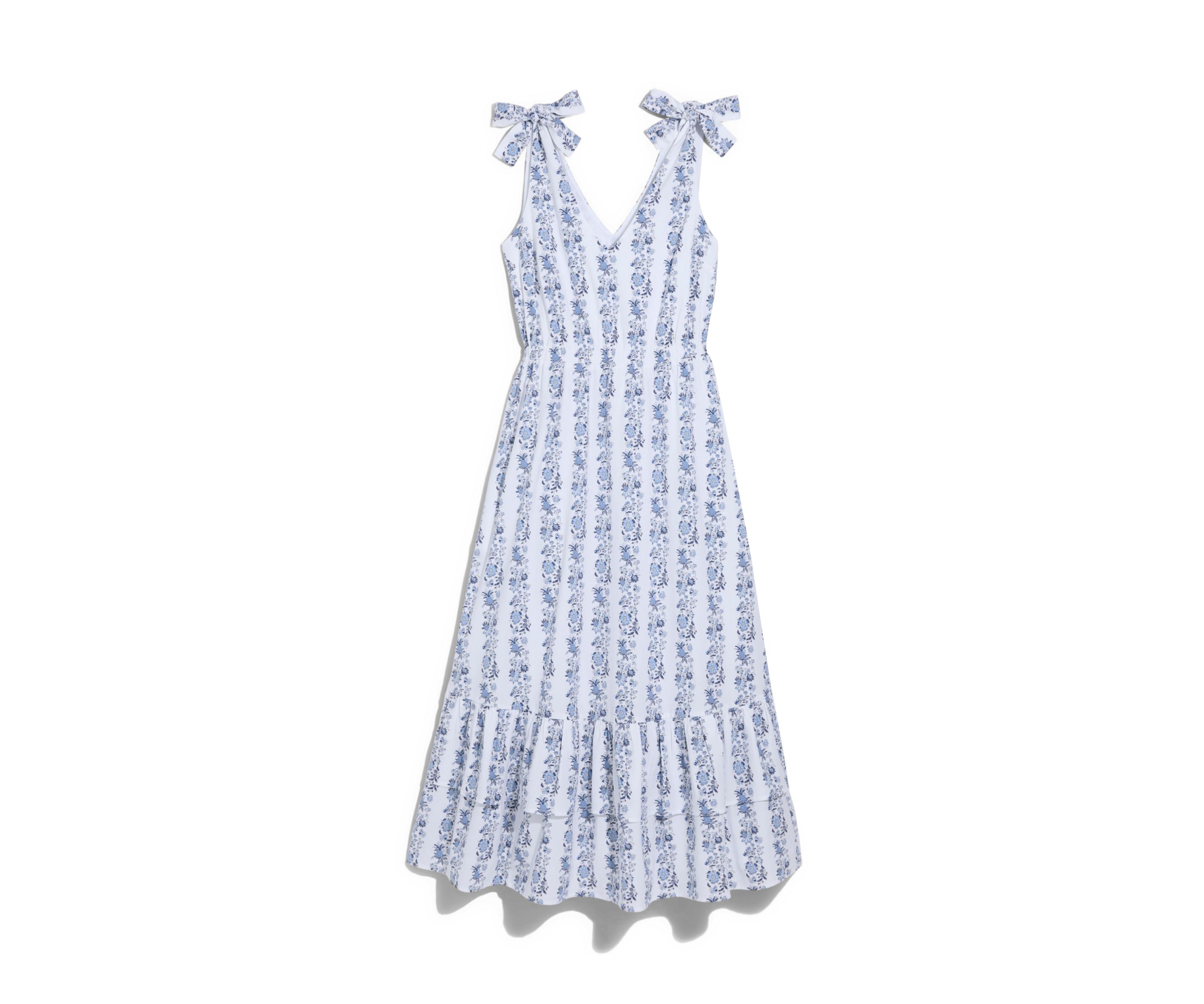 Womens Printed Tie Shoulder Ruffle Maxi Dress