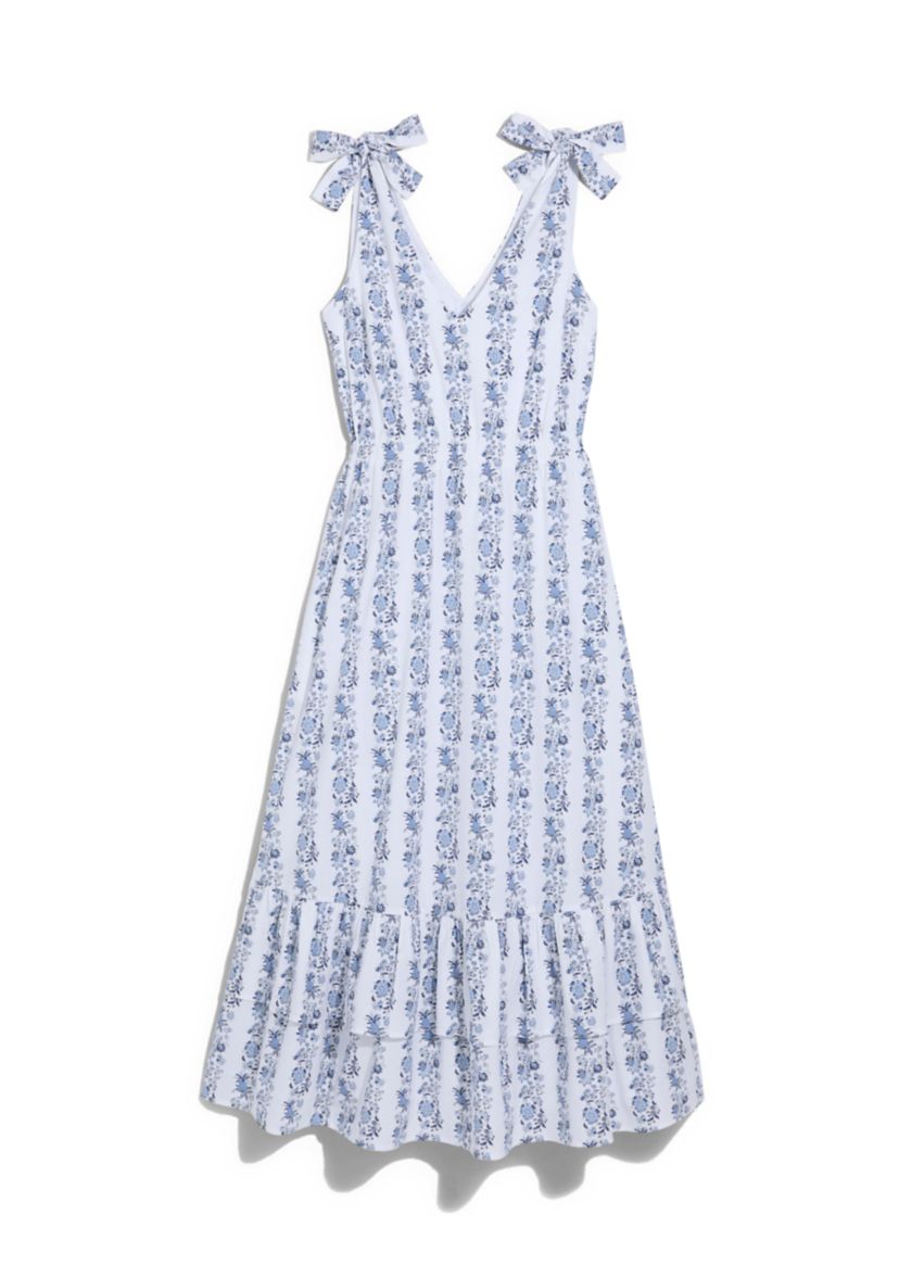 Womens Printed Tie Shoulder Ruffle Maxi Dress