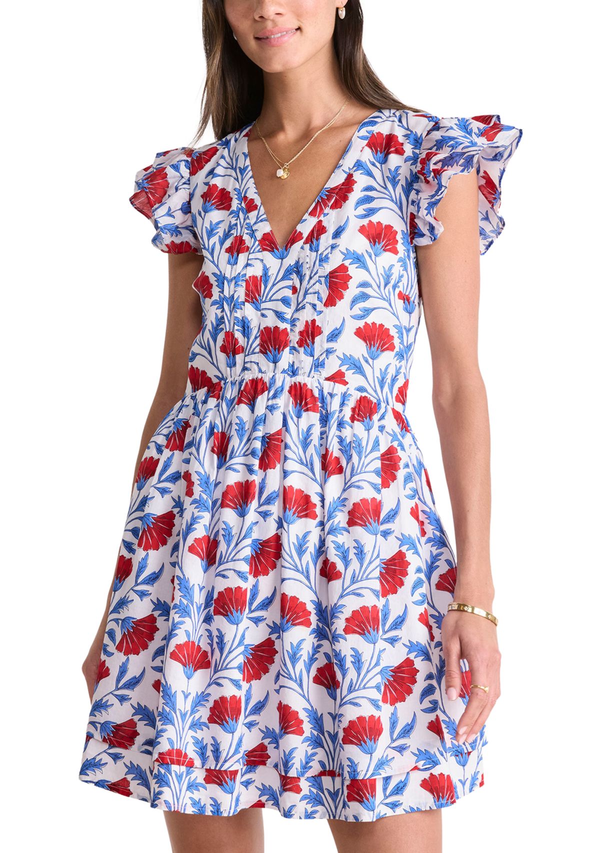 Womens Pintuck Printed Flutter Sleeve Dress
