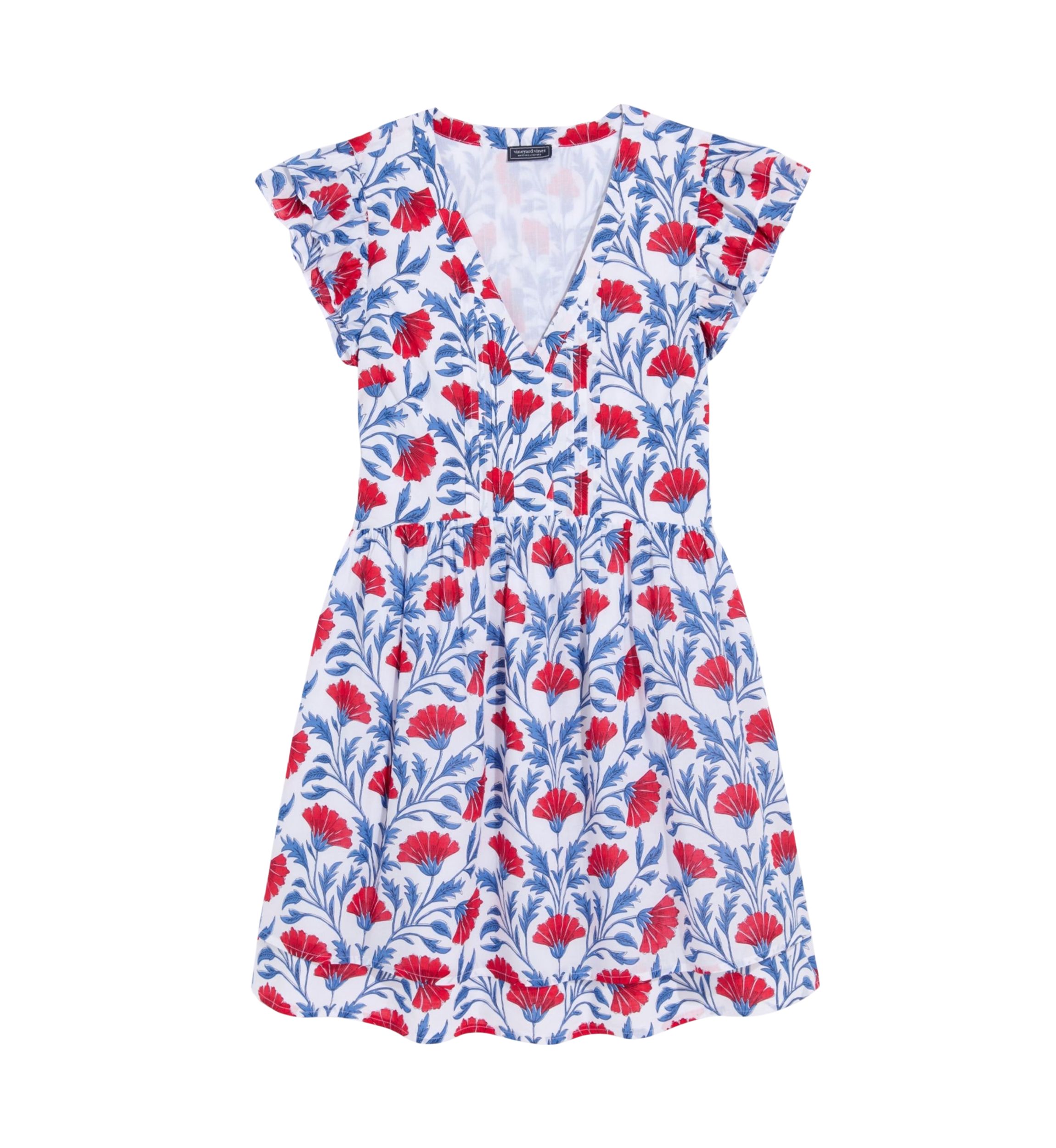 Womens Pintuck Printed Flutter Sleeve Dress