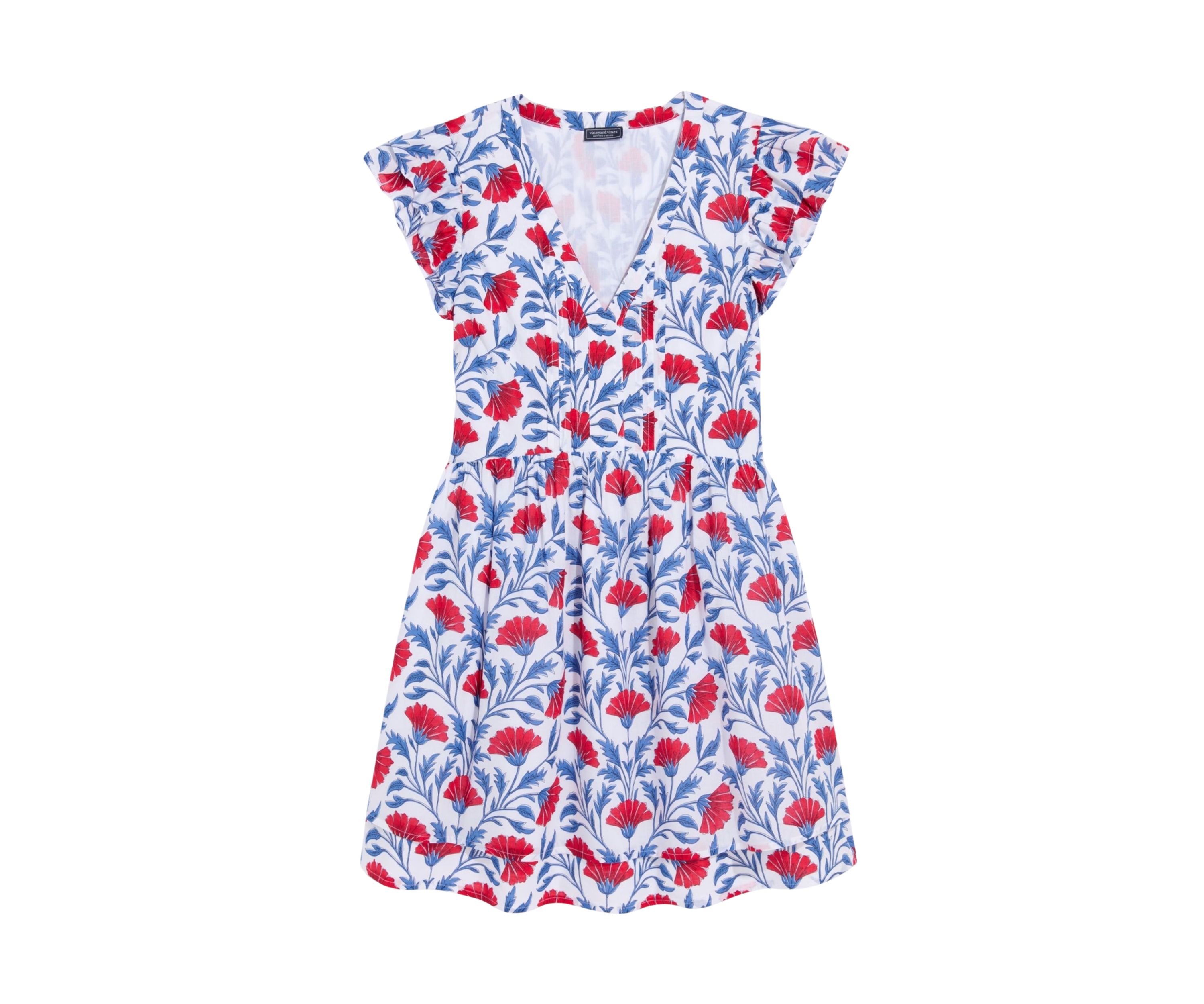 Womens Pintuck Printed Flutter Sleeve Dress