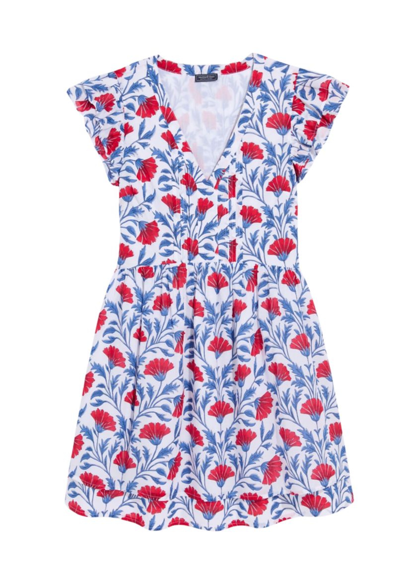 Womens Pintuck Printed Flutter Sleeve Dress