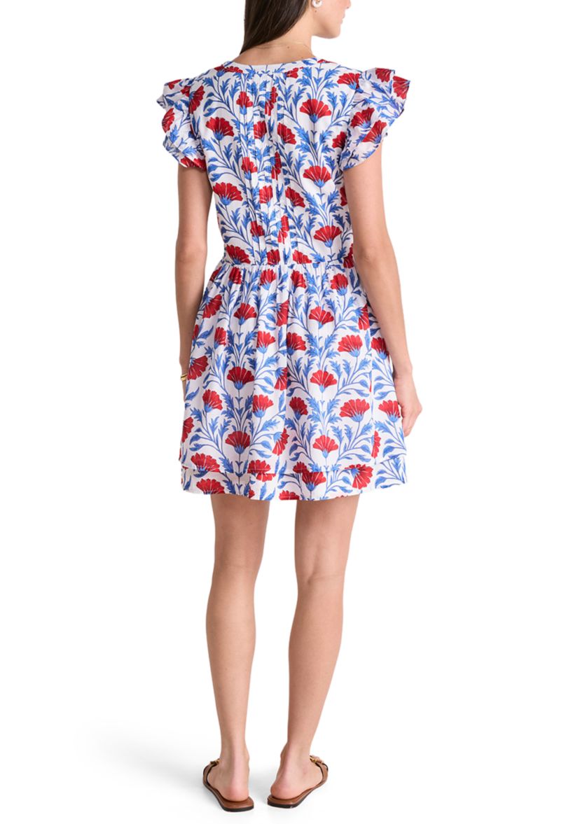 Womens Pintuck Printed Flutter Sleeve Dress