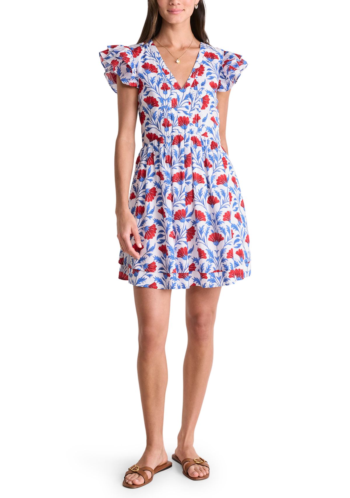 Womens Pintuck Printed Flutter Sleeve Dress