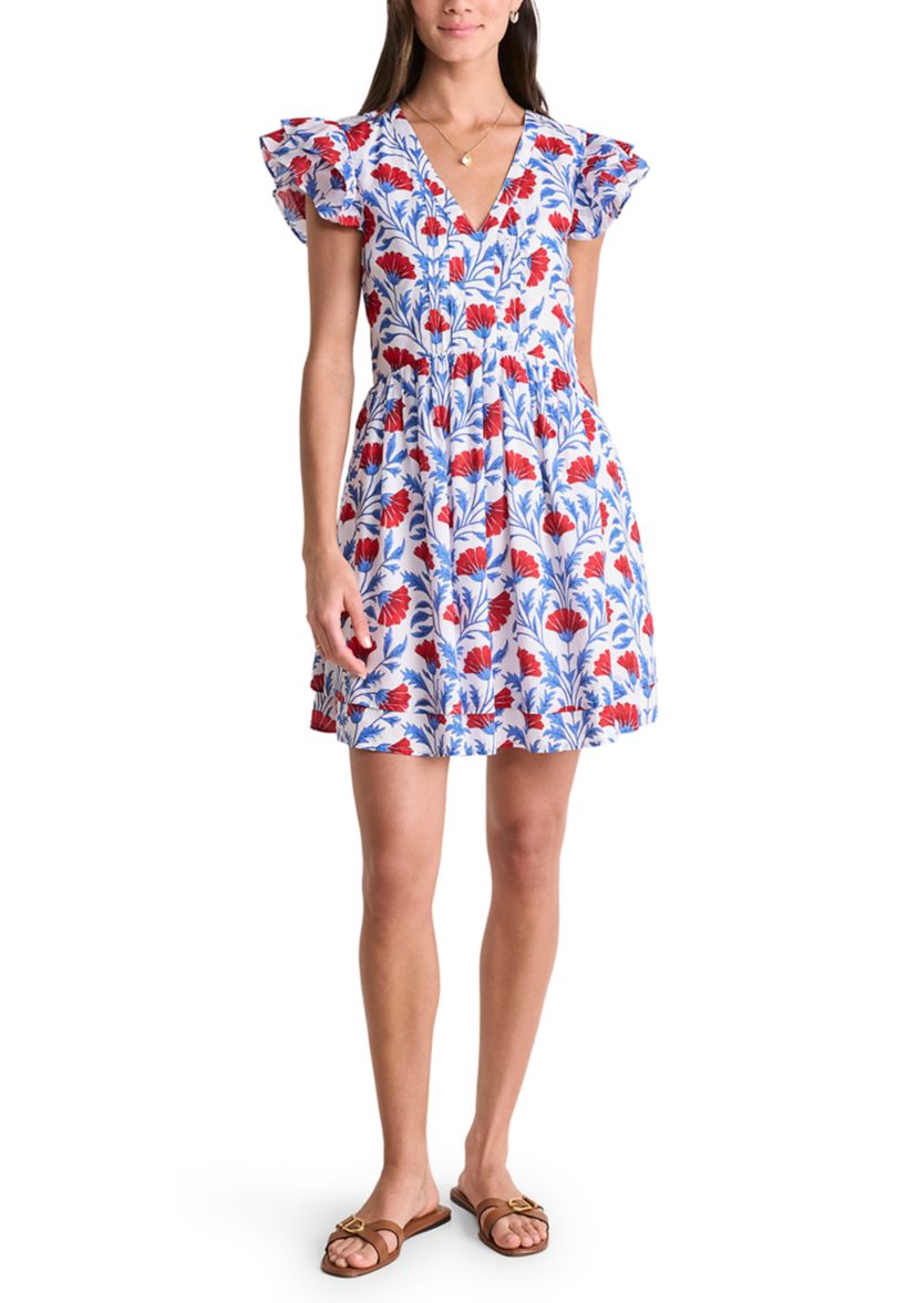 Womens Pintuck Printed Flutter Sleeve Dress