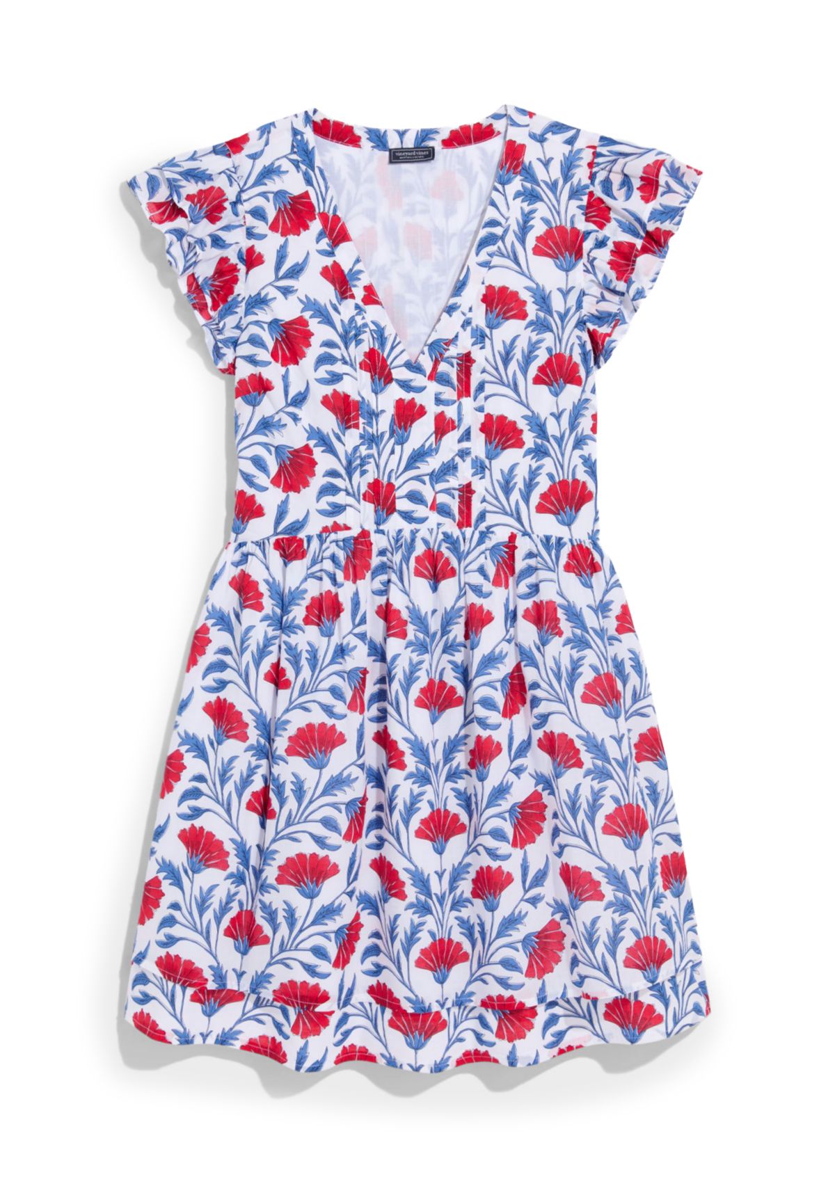 Womens Pintuck Printed Flutter Sleeve Dress