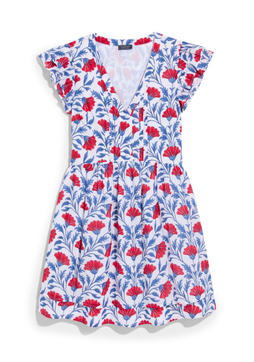 Womens Pintuck Printed Flutter Sleeve Dress
