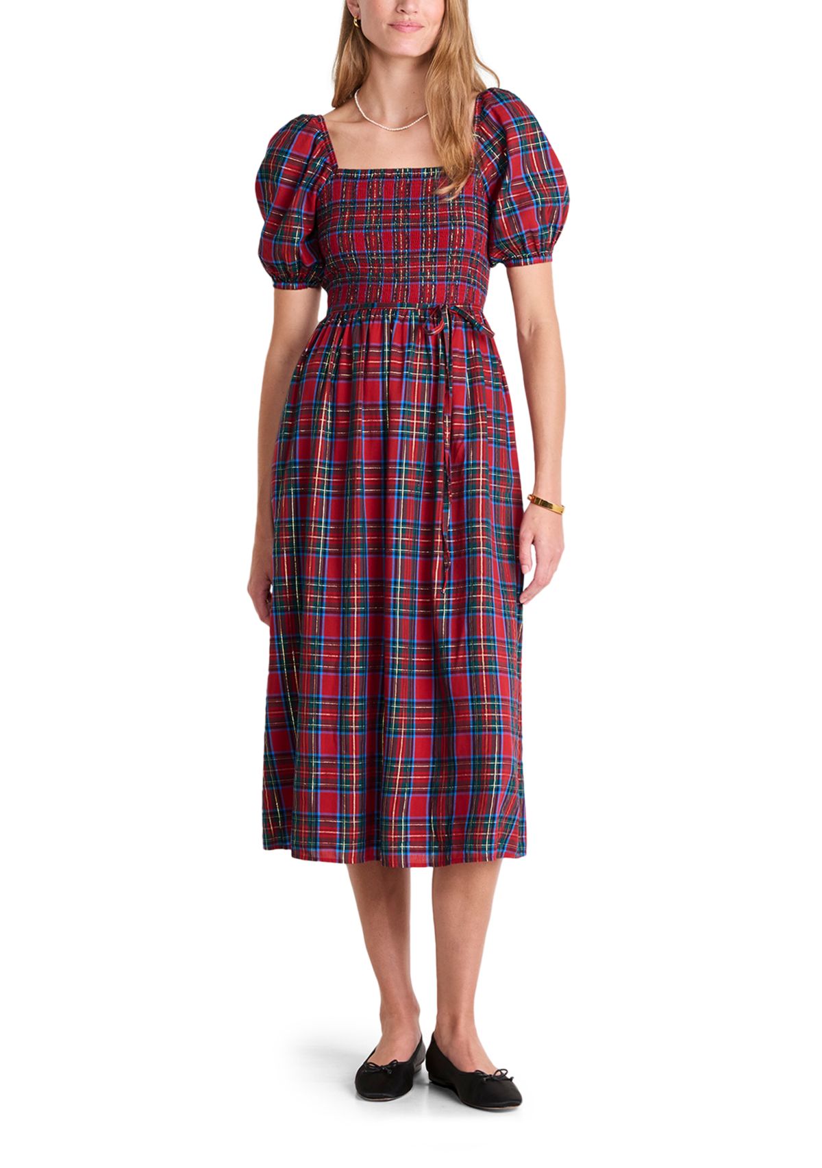 Womens Smocked Puff Sleeve Plaid Midi Dress