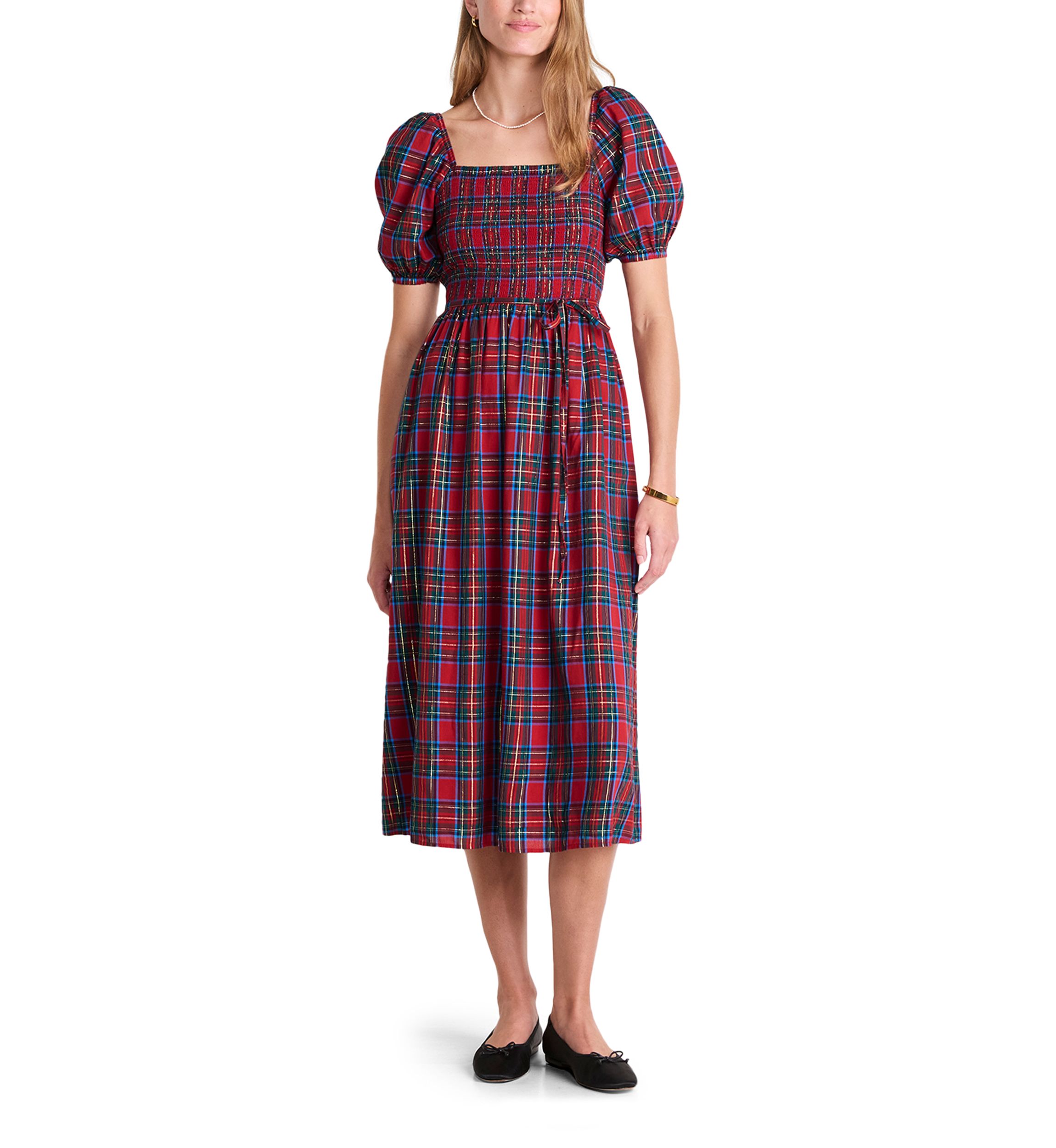 Womens Smocked Puff Sleeve Plaid Midi Dress