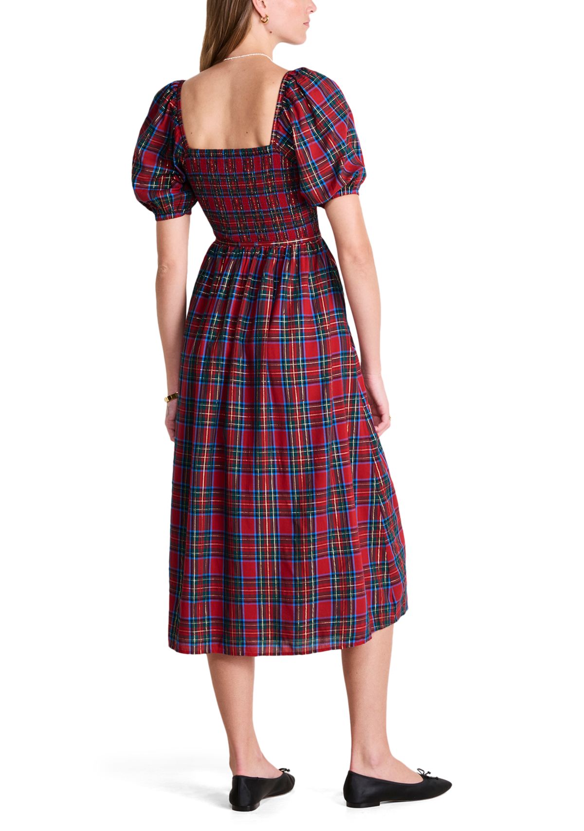Womens Smocked Puff Sleeve Plaid Midi Dress