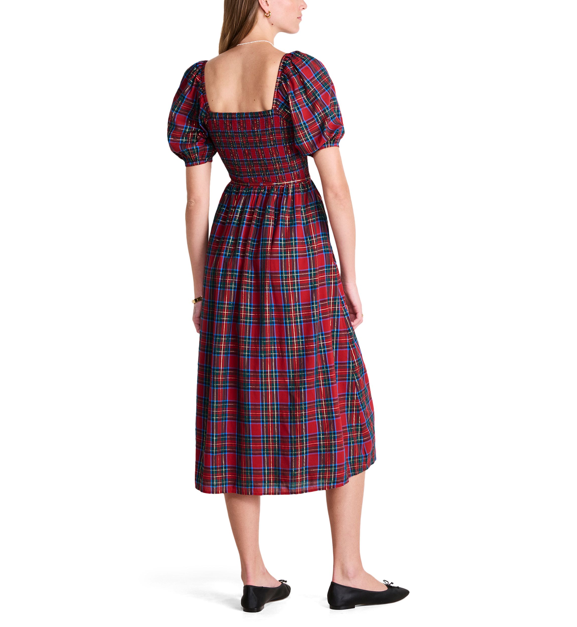Womens Smocked Puff Sleeve Plaid Midi Dress