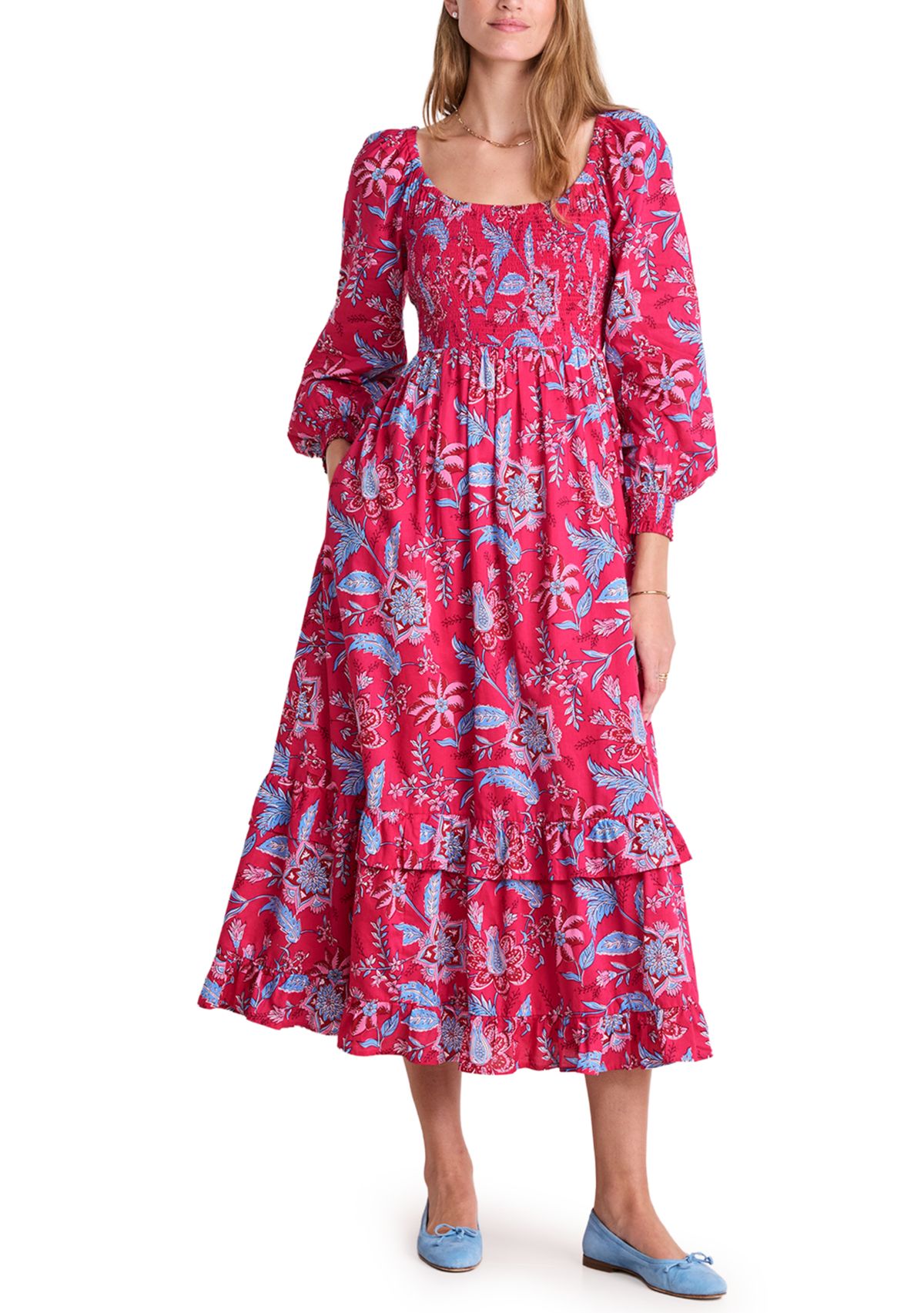 Womens Blouson Sleeve Printed Smocked Maxi Dress