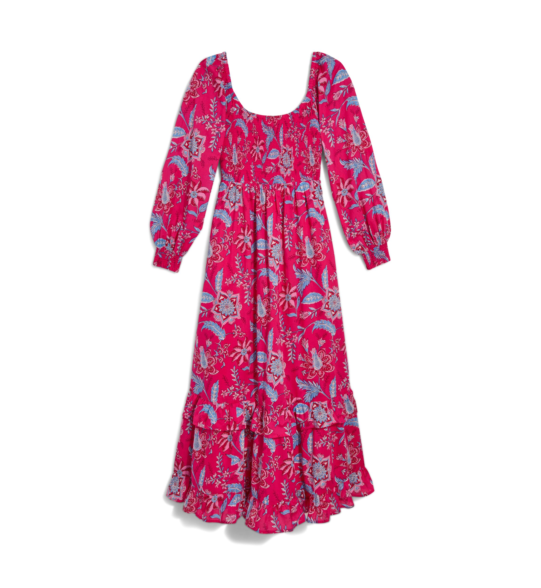 Womens Blouson Sleeve Printed Smocked Maxi Dress