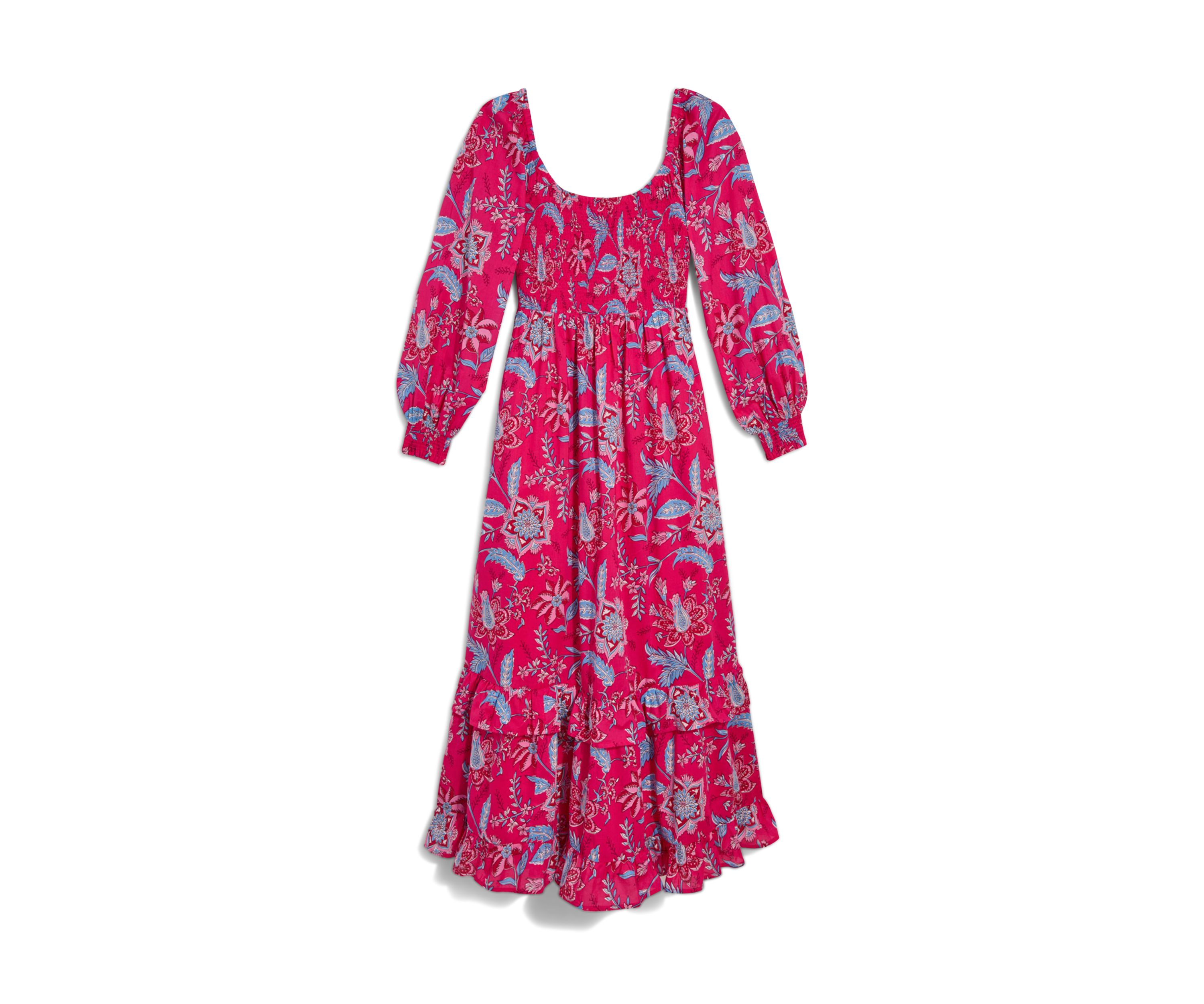 Womens Blouson Sleeve Printed Smocked Maxi Dress