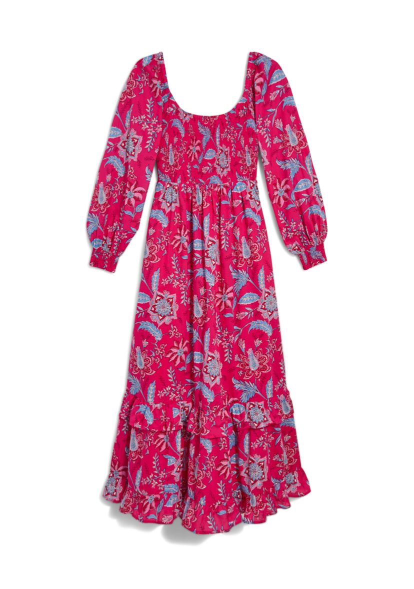 Womens Blouson Sleeve Printed Smocked Maxi Dress
