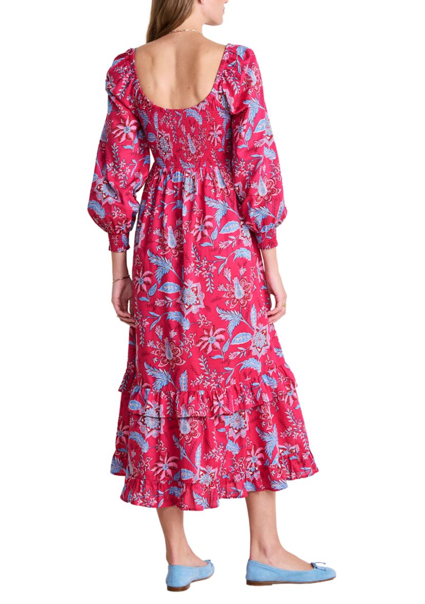 Womens Blouson Sleeve Printed Smocked Maxi Dress