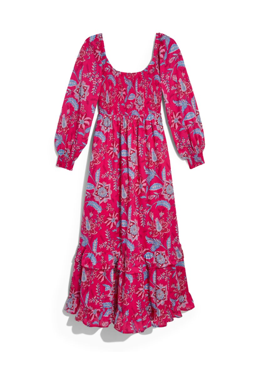 Womens Blouson Sleeve Printed Smocked Maxi Dress