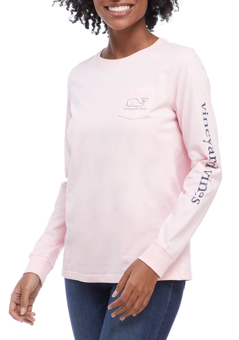 Womens Long Sleeve Vintage Whale Graphic Pocket T-Shirt 