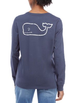 Women's Long Sleeve Vintage Whale Graphic Pocket T-Shirt