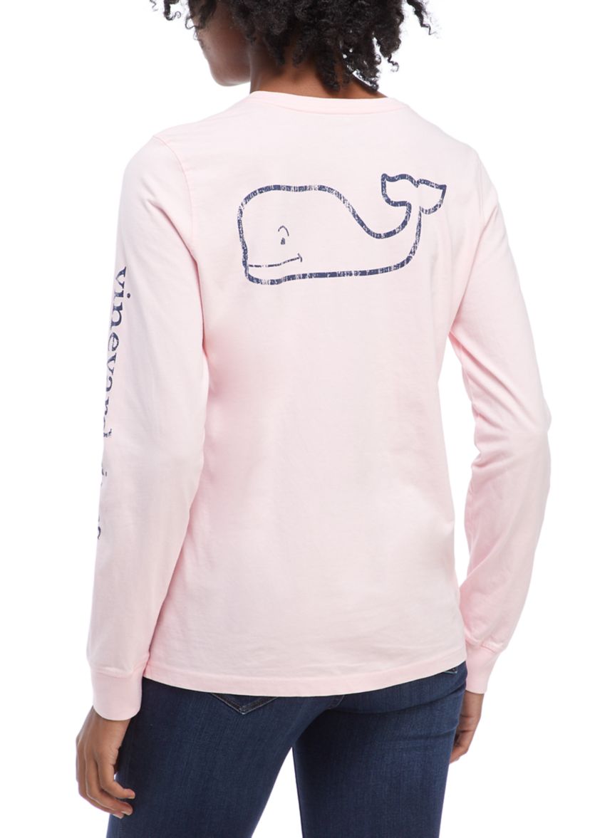 Womens Long Sleeve Vintage Whale Graphic Pocket T-Shirt 