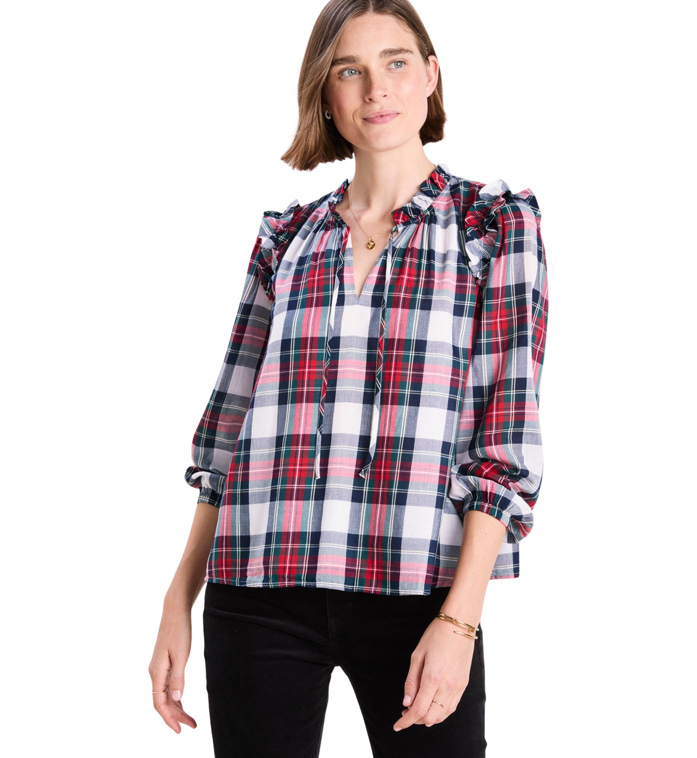 Womens Blouson Sleeve Plaid Top 