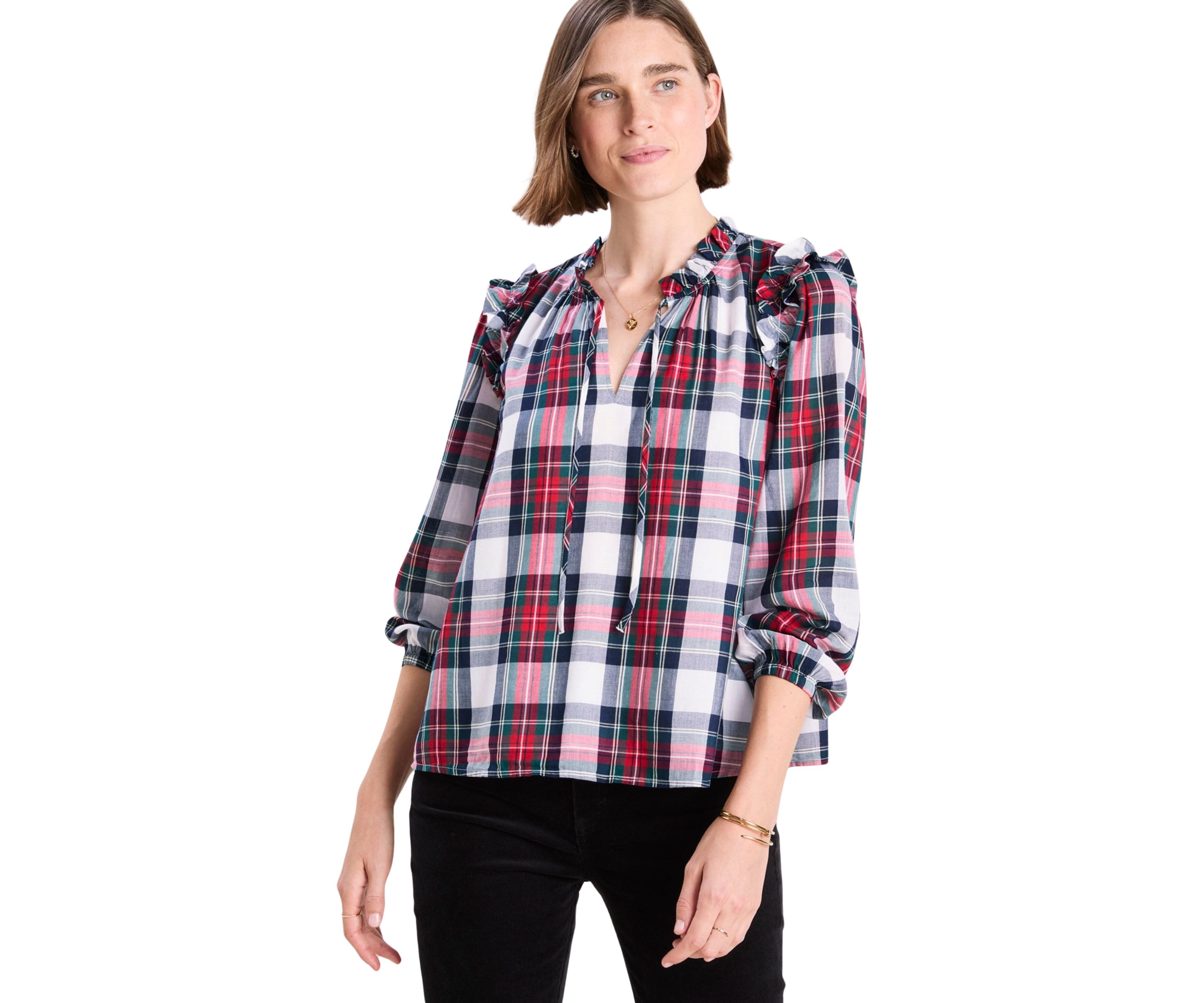 Womens Blouson Sleeve Plaid Top 