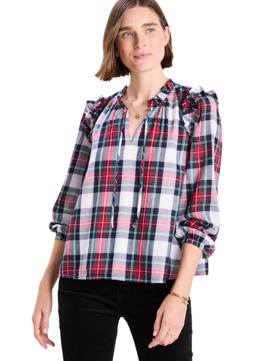 Womens Blouson Sleeve Plaid Top 