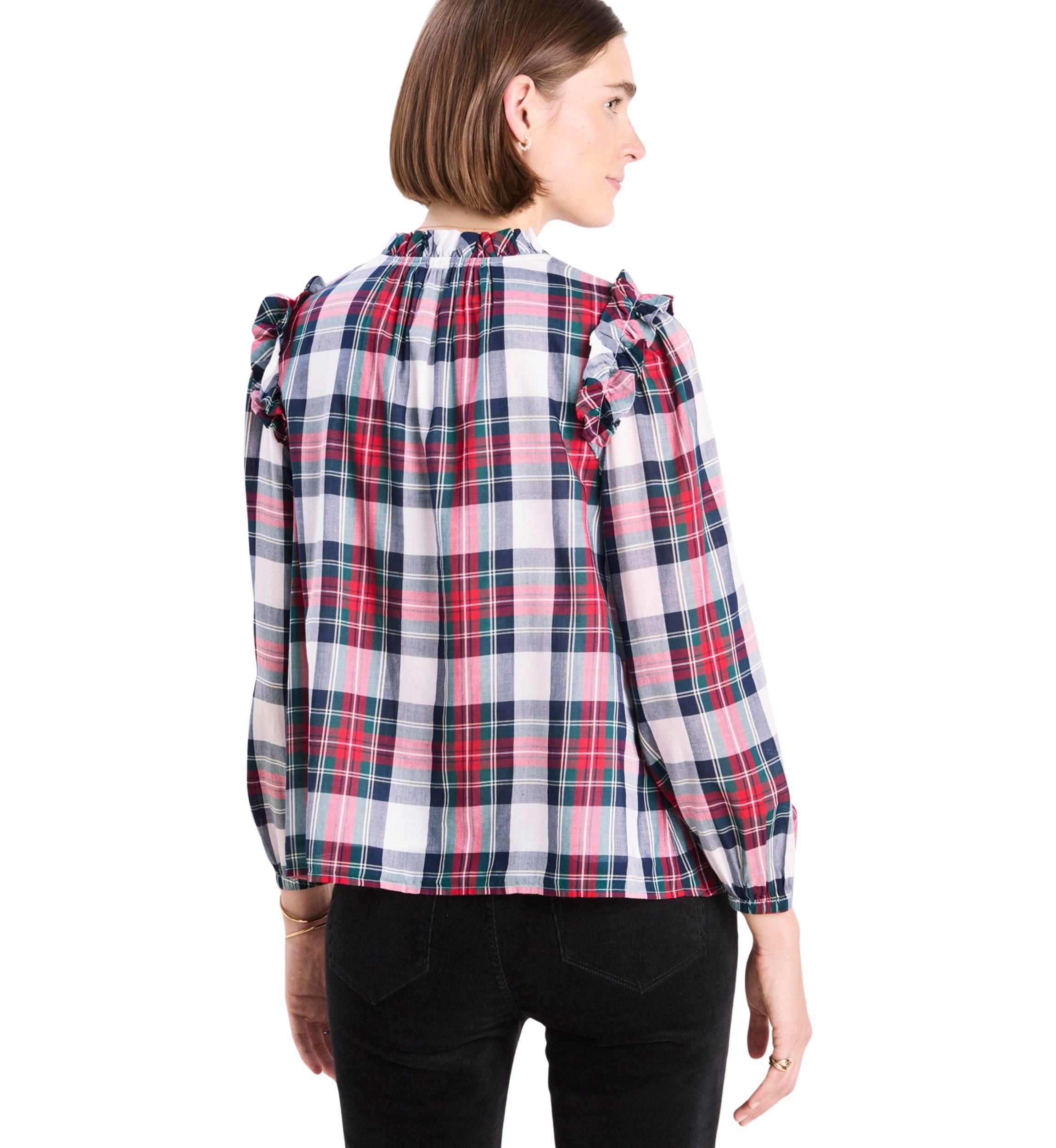 Womens Blouson Sleeve Plaid Top 