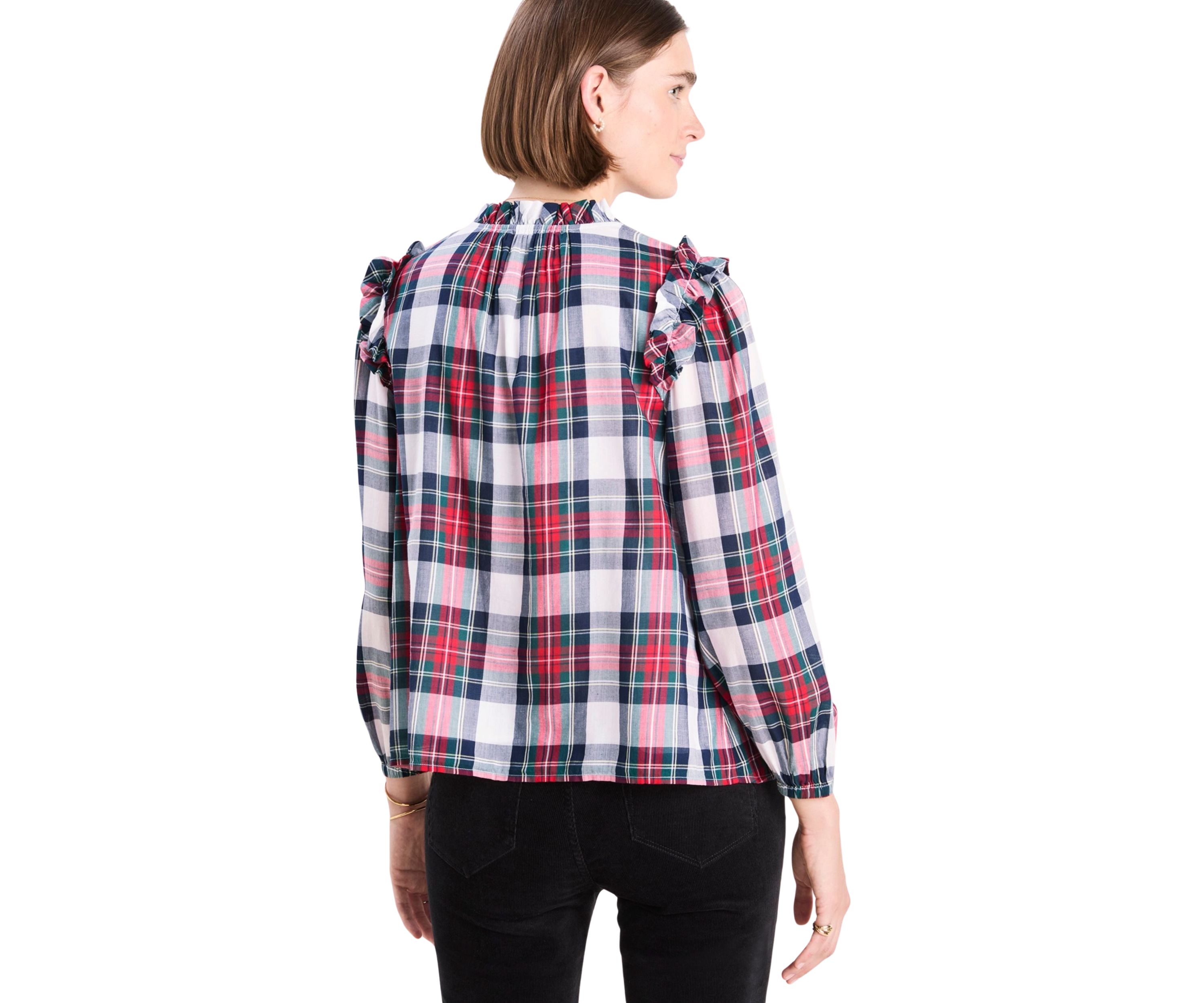 Womens Blouson Sleeve Plaid Top 