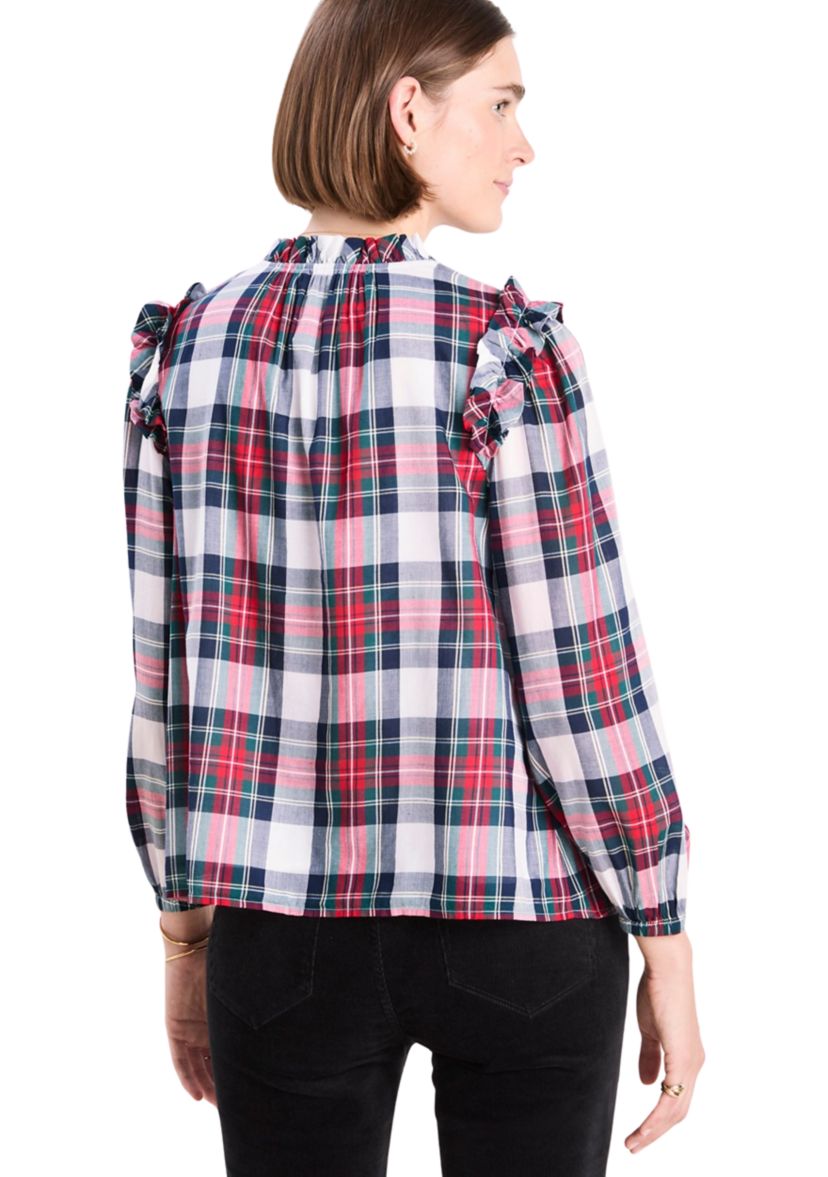 Womens Blouson Sleeve Plaid Top 