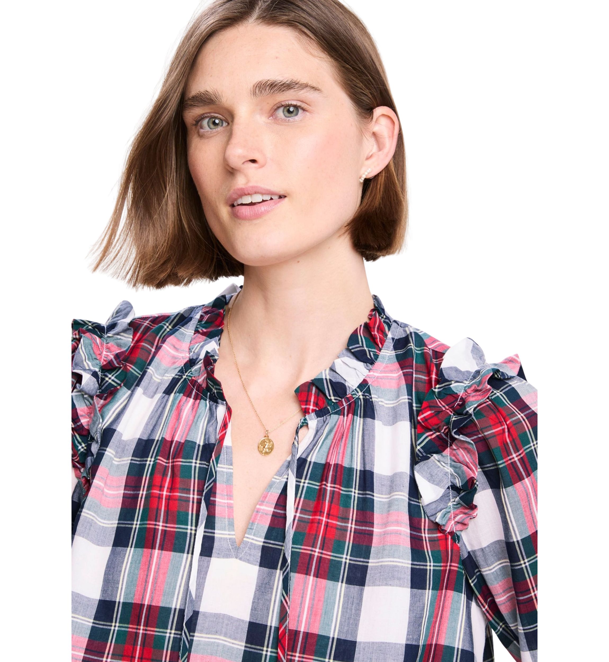 Womens Blouson Sleeve Plaid Top 
