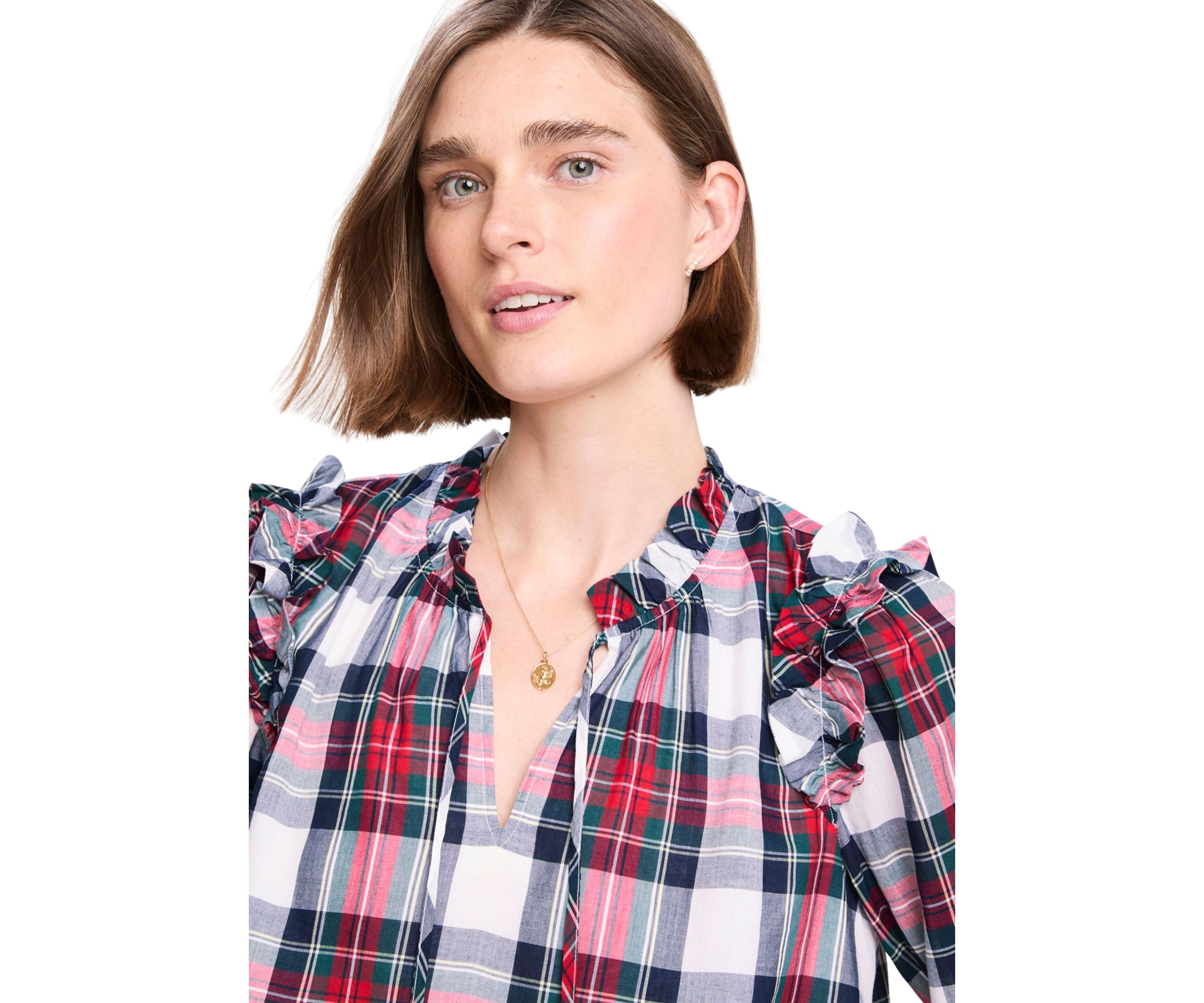 Womens Blouson Sleeve Plaid Top 
