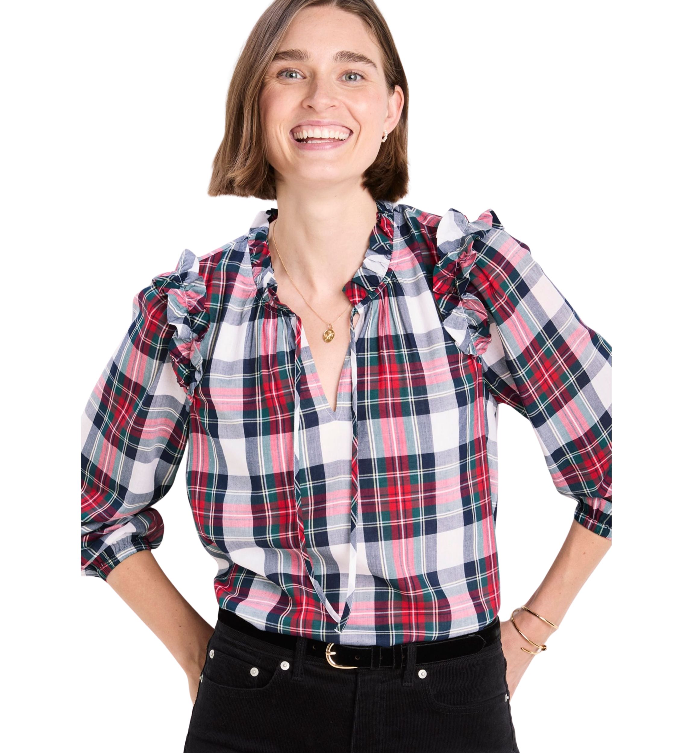 Womens Blouson Sleeve Plaid Top 