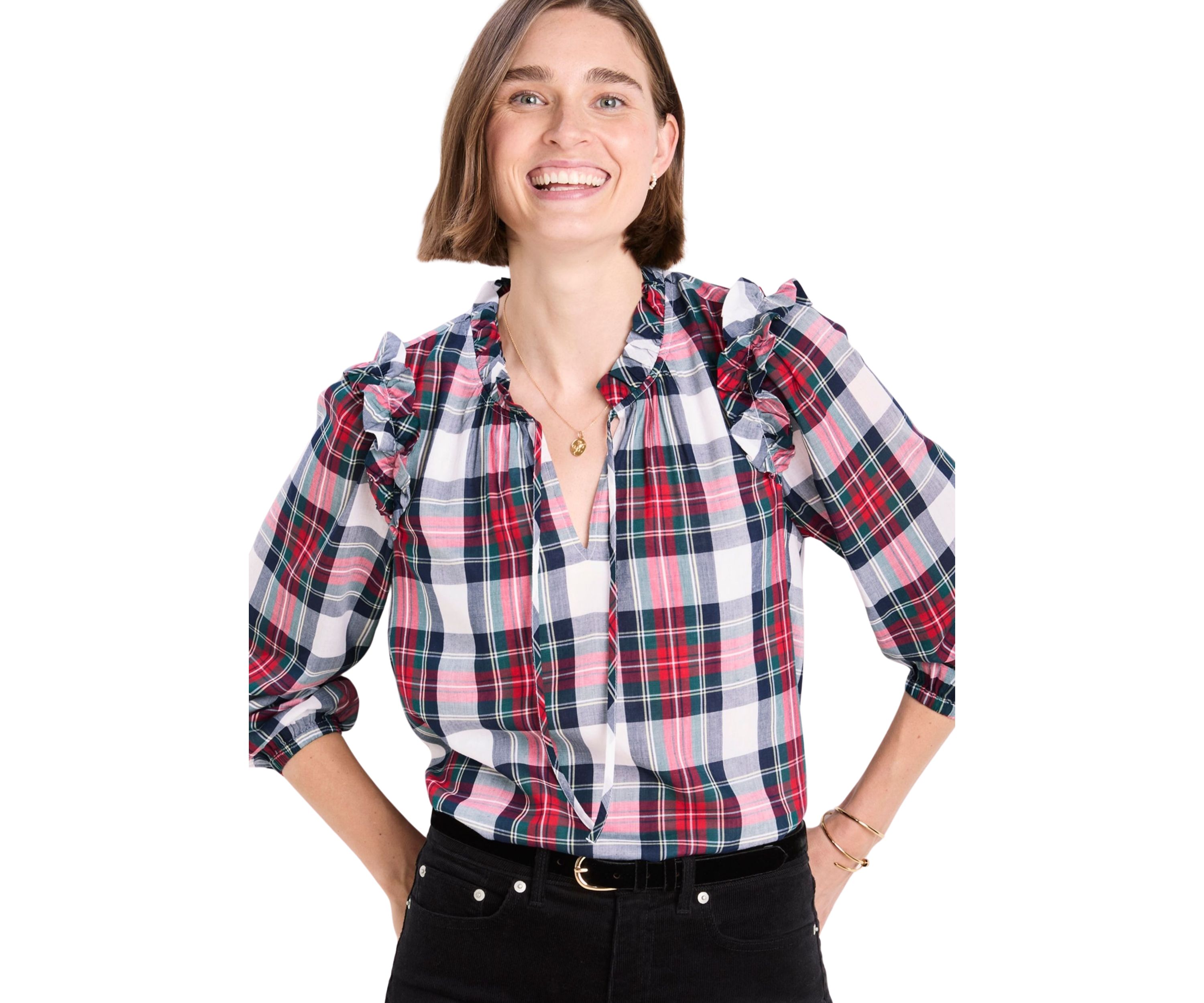 Womens Blouson Sleeve Plaid Top 
