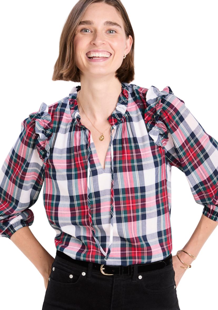 Womens Blouson Sleeve Plaid Top 