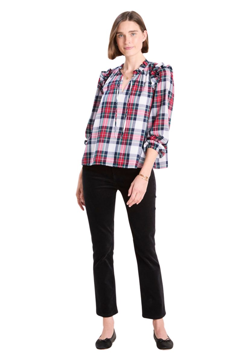 Womens Blouson Sleeve Plaid Top 
