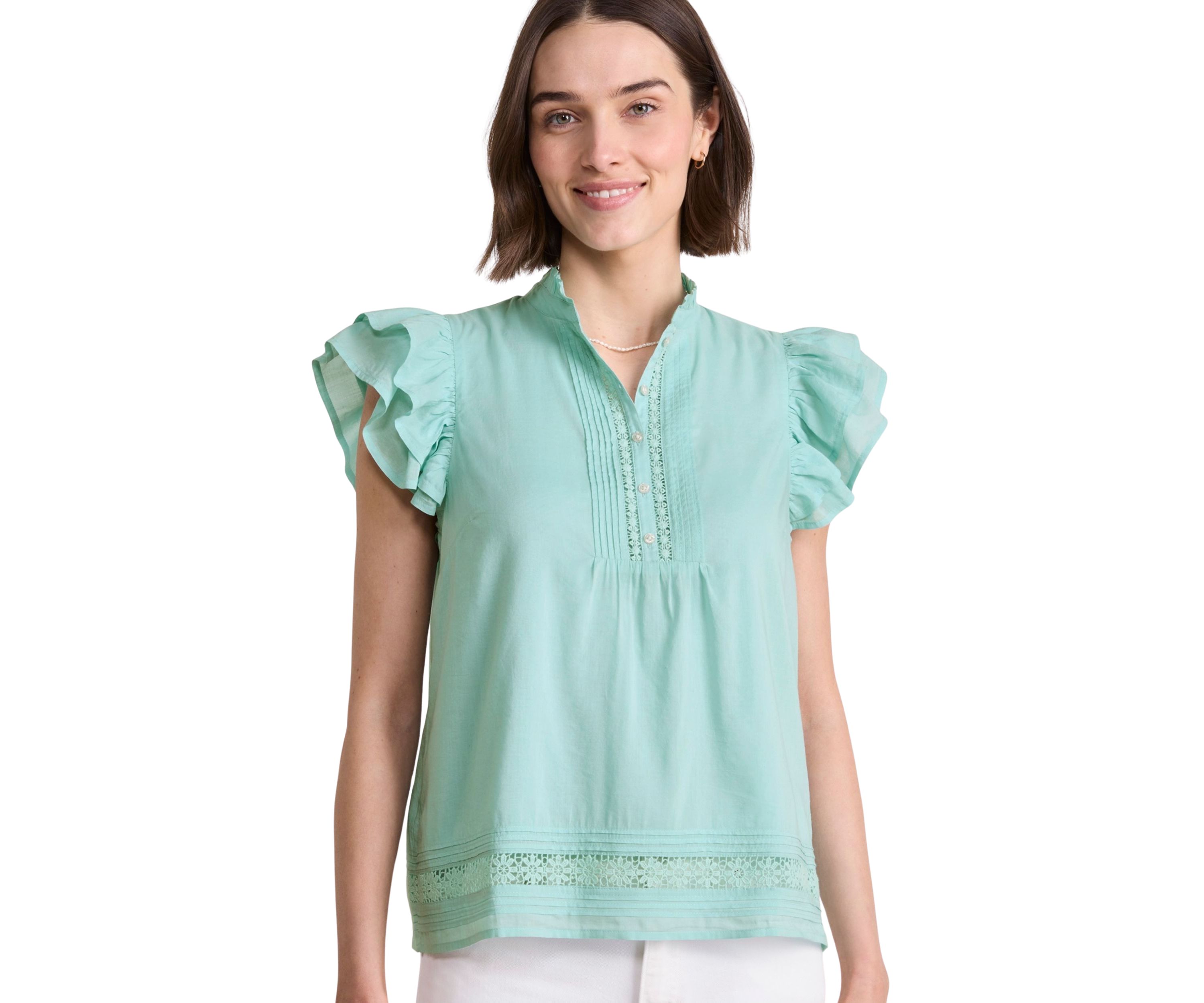 Womens Short Ruffle Sleeve Pintuck Top 
