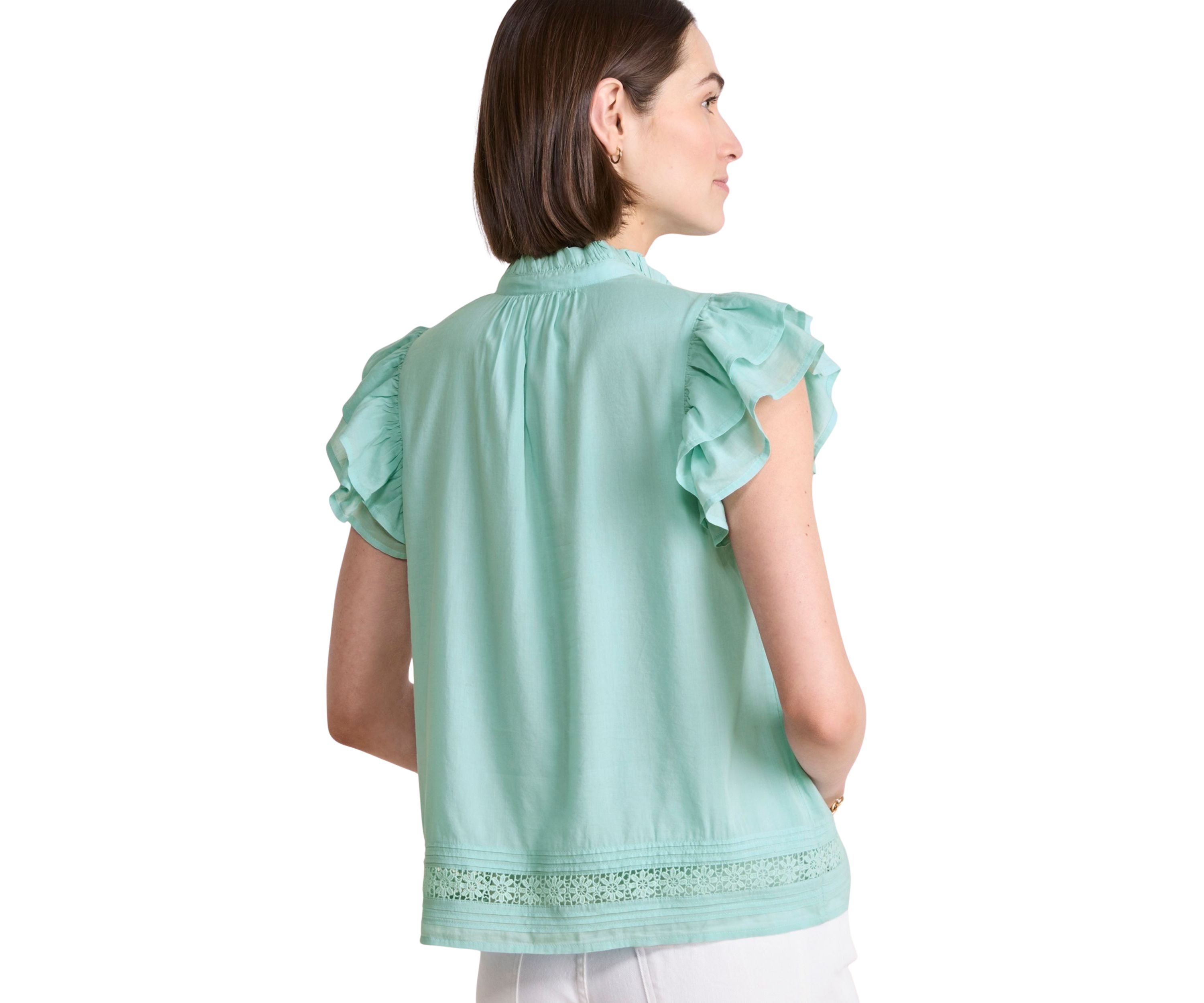 Womens Short Ruffle Sleeve Pintuck Top 
