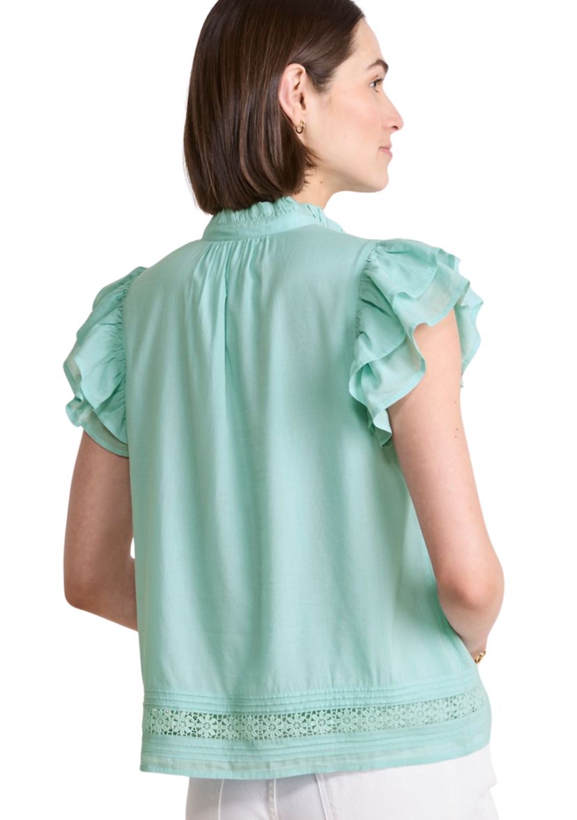 Womens Short Ruffle Sleeve Pintuck Top 